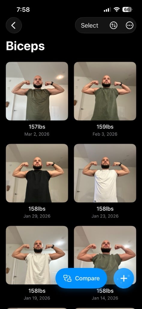 A journey photo grid with dated check-ins and an easy way to start comparing