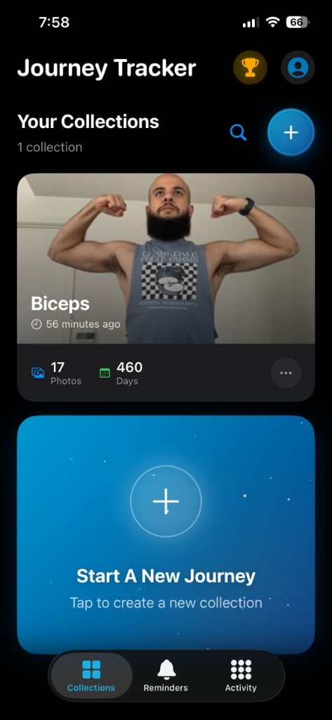 Home screen showing your journeys (collections) and a clear way to start a new one