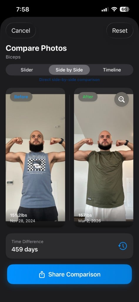Side-by-side comparison view that places two photos next to each other for inspection