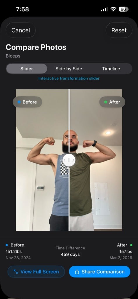 Interactive before/after slider comparison between two photos in the same journey