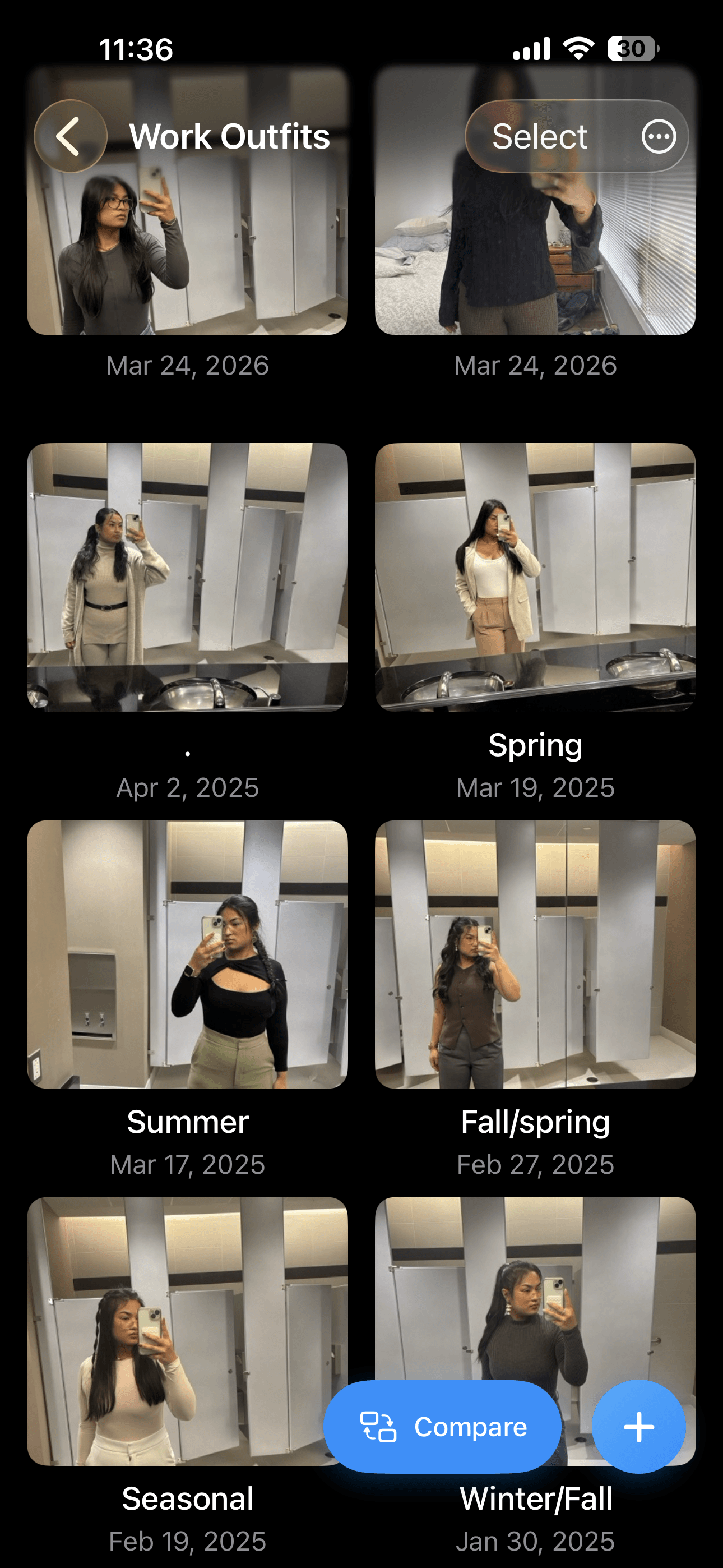 A collection tracking work outfits over time with labeled entries