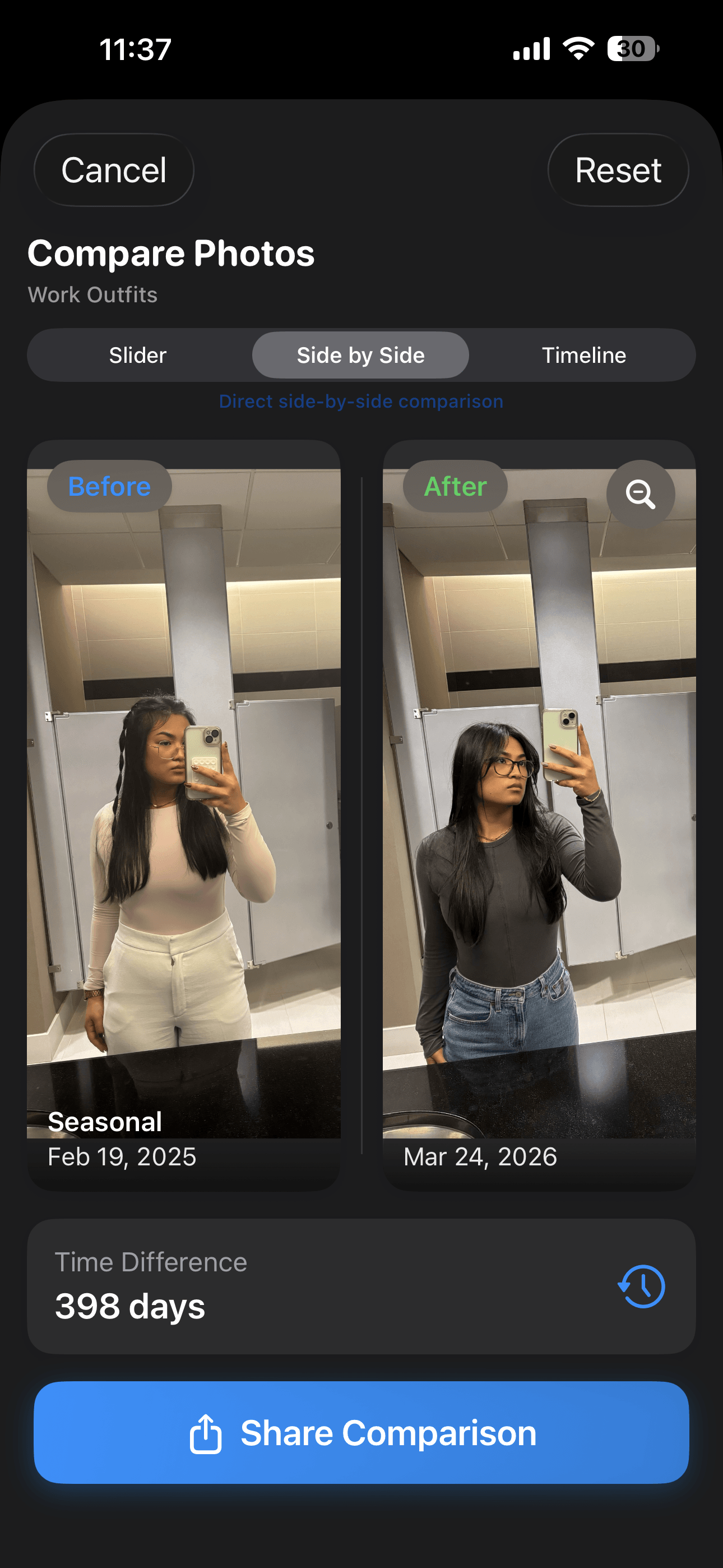 Side-by-side comparison of two outfit photos from different dates