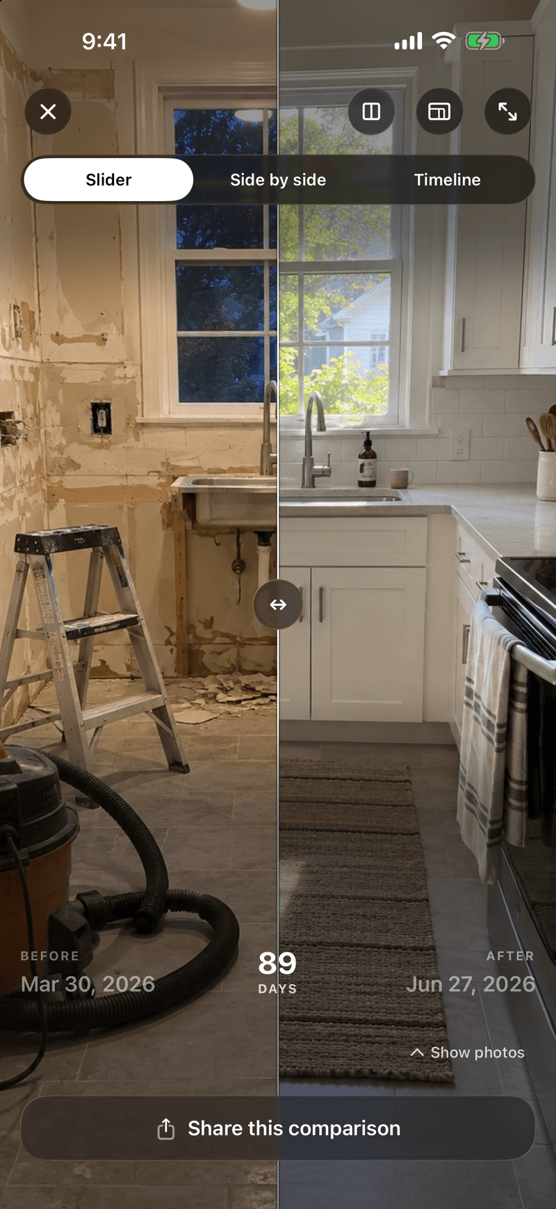 Slider comparison of a kitchen before and after a remodel, 89 days apart