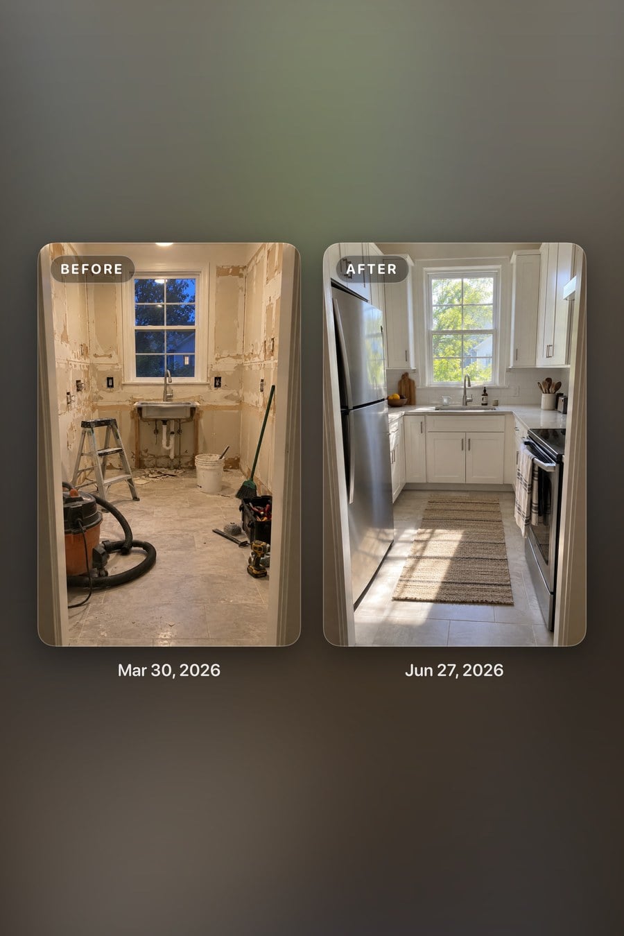 The Ambient share card: a kitchen before and after a remodel, floating over a blurred copy of the after photo