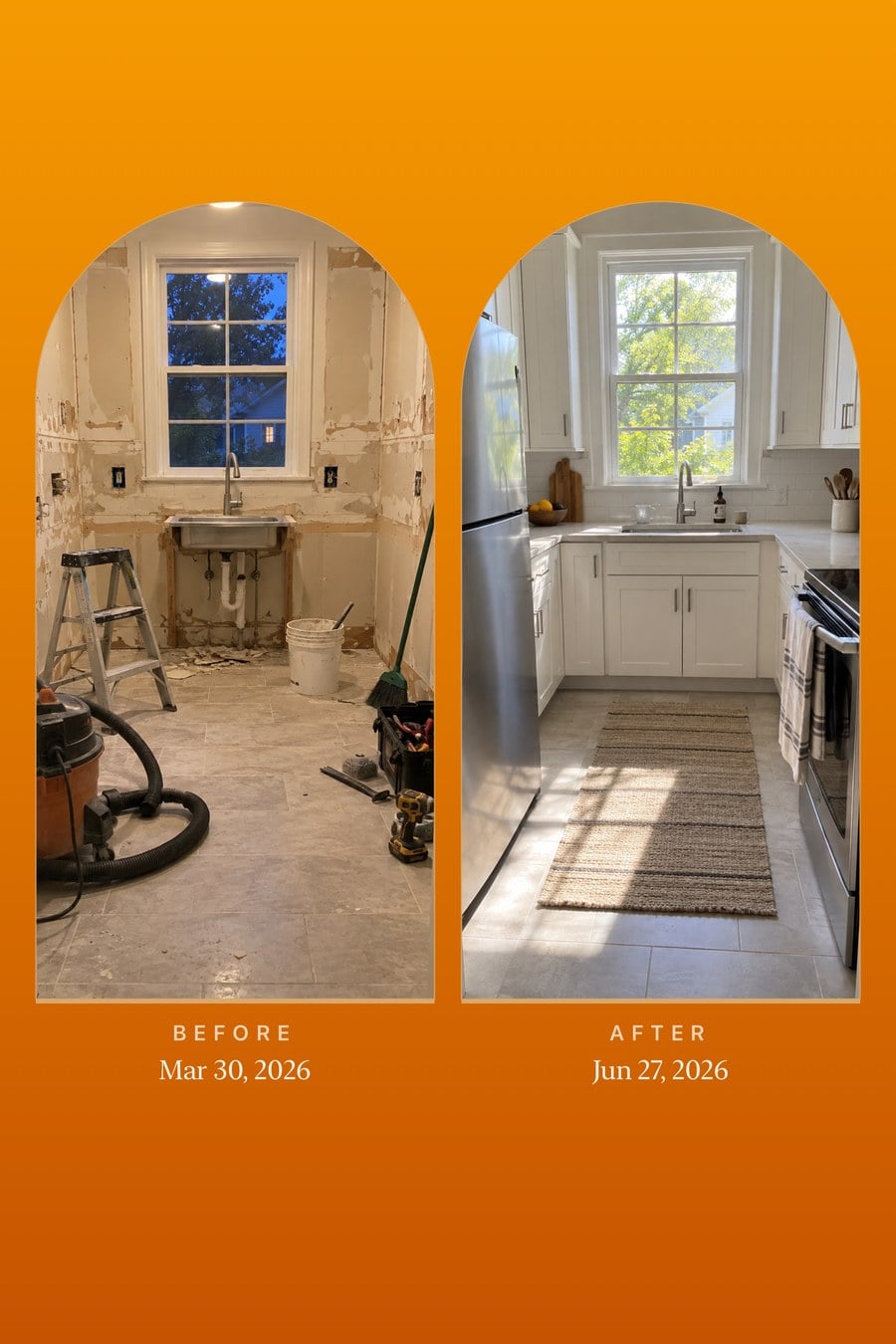 The Arch share card: a kitchen before and after a remodel, in two arched windows on a warm orange sky lit from above