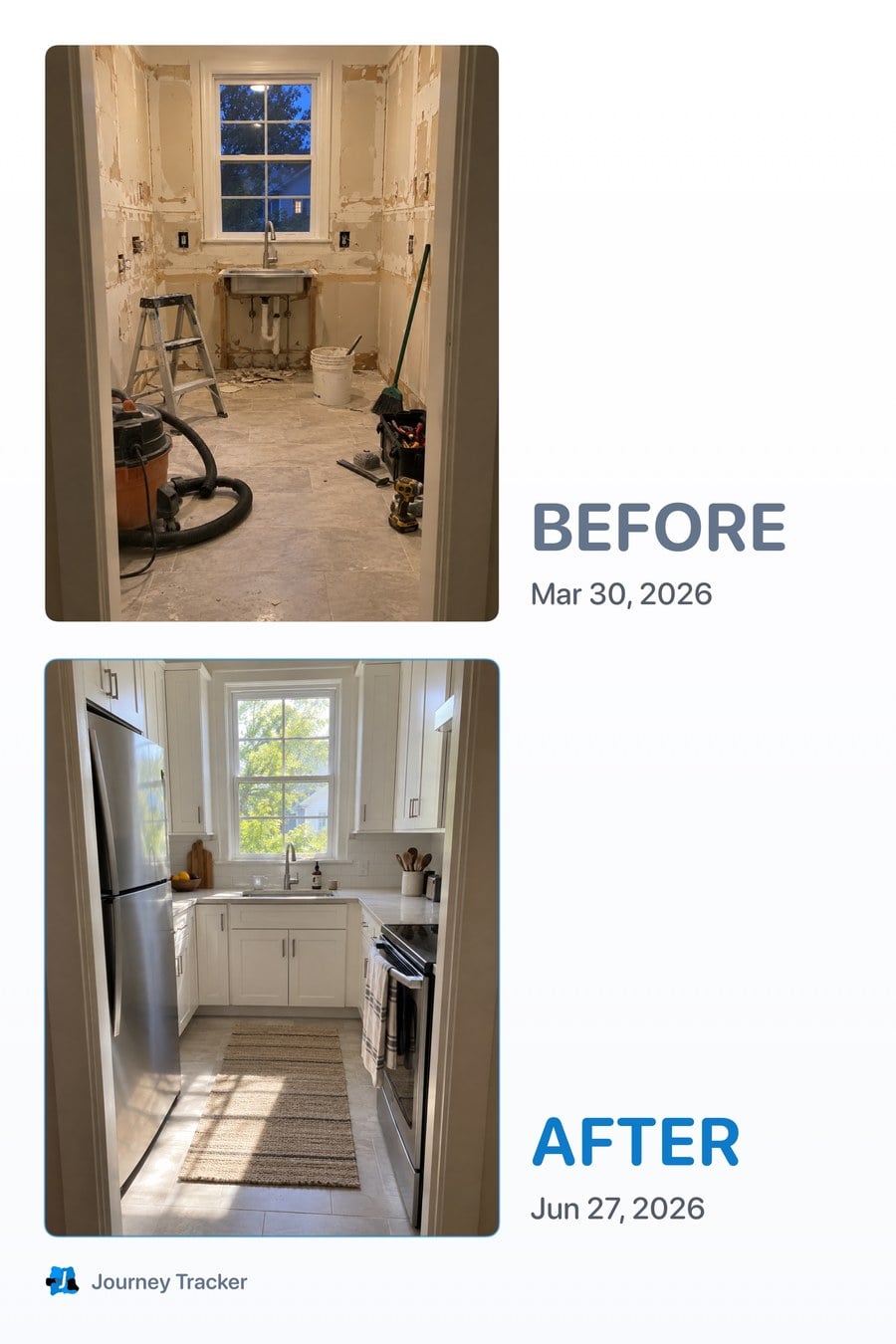 The Classic share card: a kitchen before and after a remodel, stacked on a white card, each date beside its photo
