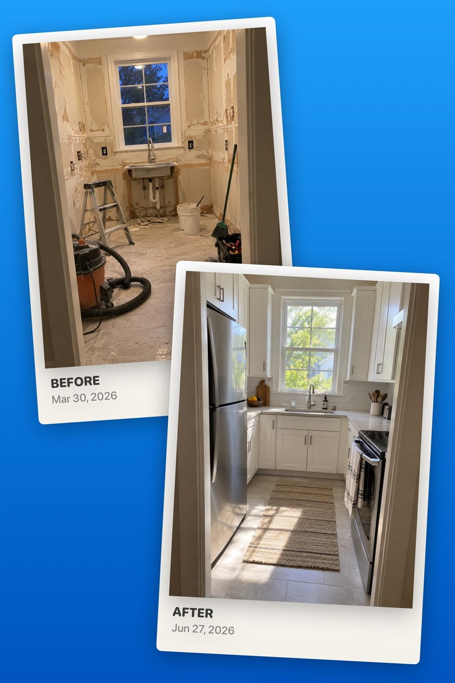 The Instant share card: a kitchen before and after a remodel, as two instant-film prints