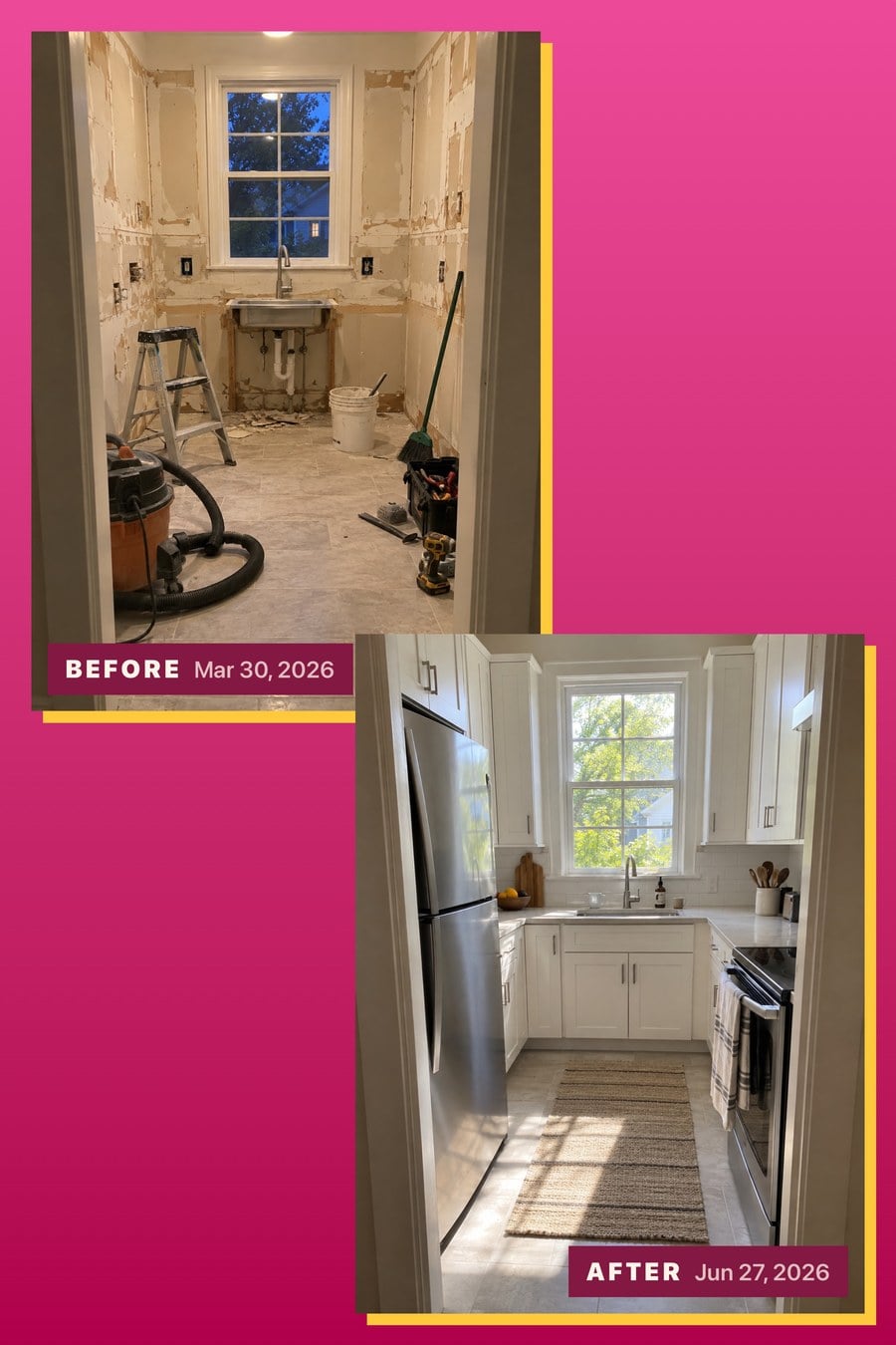 The Poster share card: a kitchen before and after a remodel, as two staggered plates on flat stock