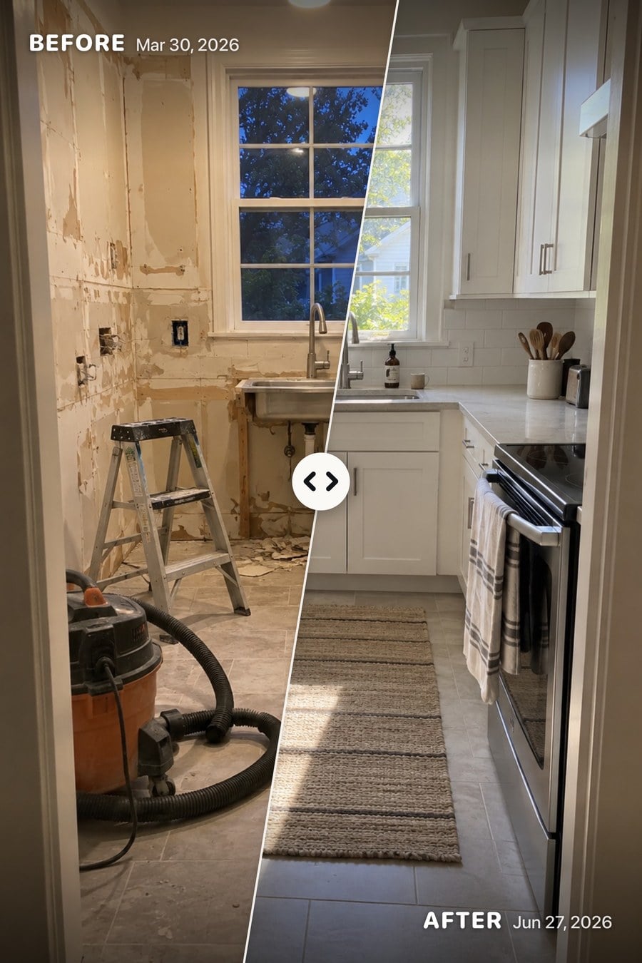 The Slice share card: a kitchen before and after a remodel, cut on one leaning seam