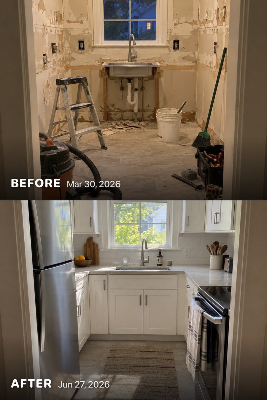 The Split share card: a kitchen before and after a remodel, edge to edge with a hairline between