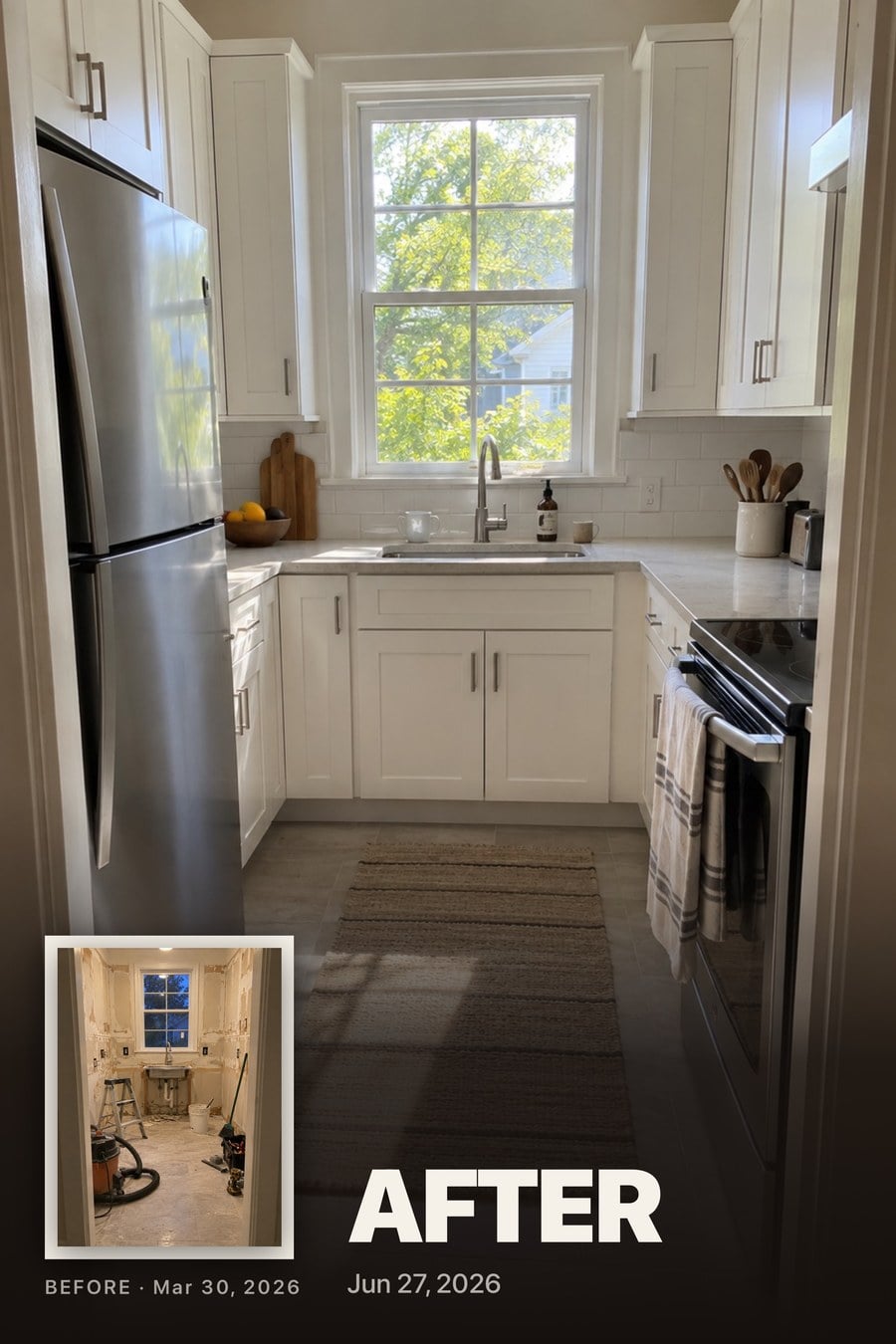 The Spotlight share card: a kitchen before and after a remodel, the after full frame with the before tucked in the corner