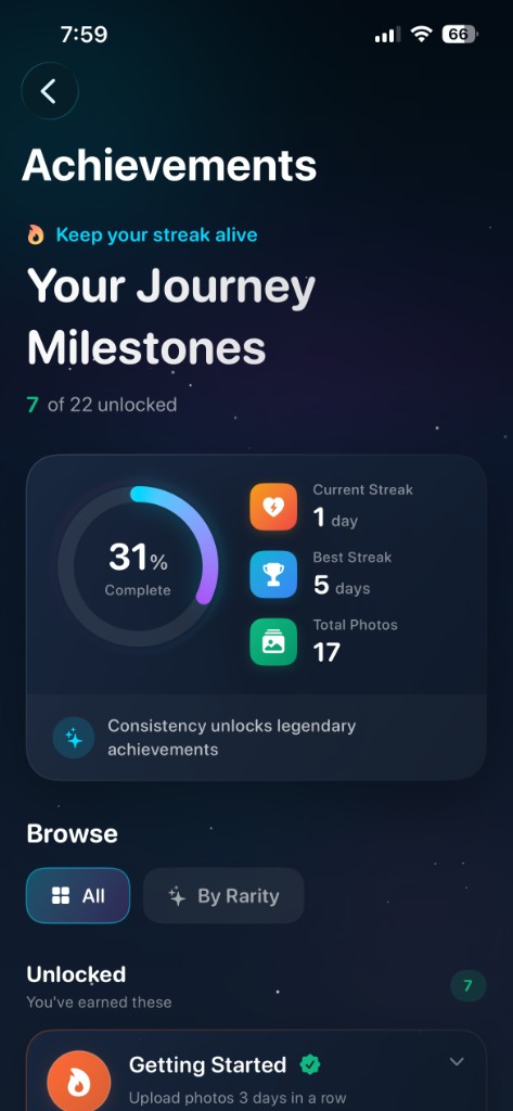 Achievements screen showing unlocked milestones and progress rewards